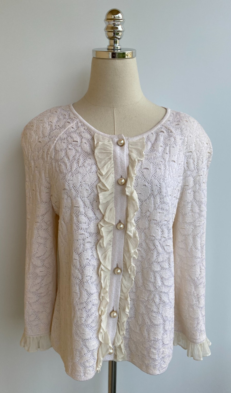 St. John Collection Ivory Cream Sweater Cardigan Pearl Buttons Ruffle Zip Sz M
